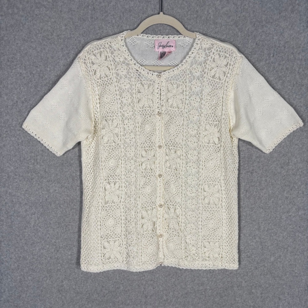 Vintage Jaclyn Smith Crochet Cardigan Sweater Large Ivory Pearl Buttons Cottage